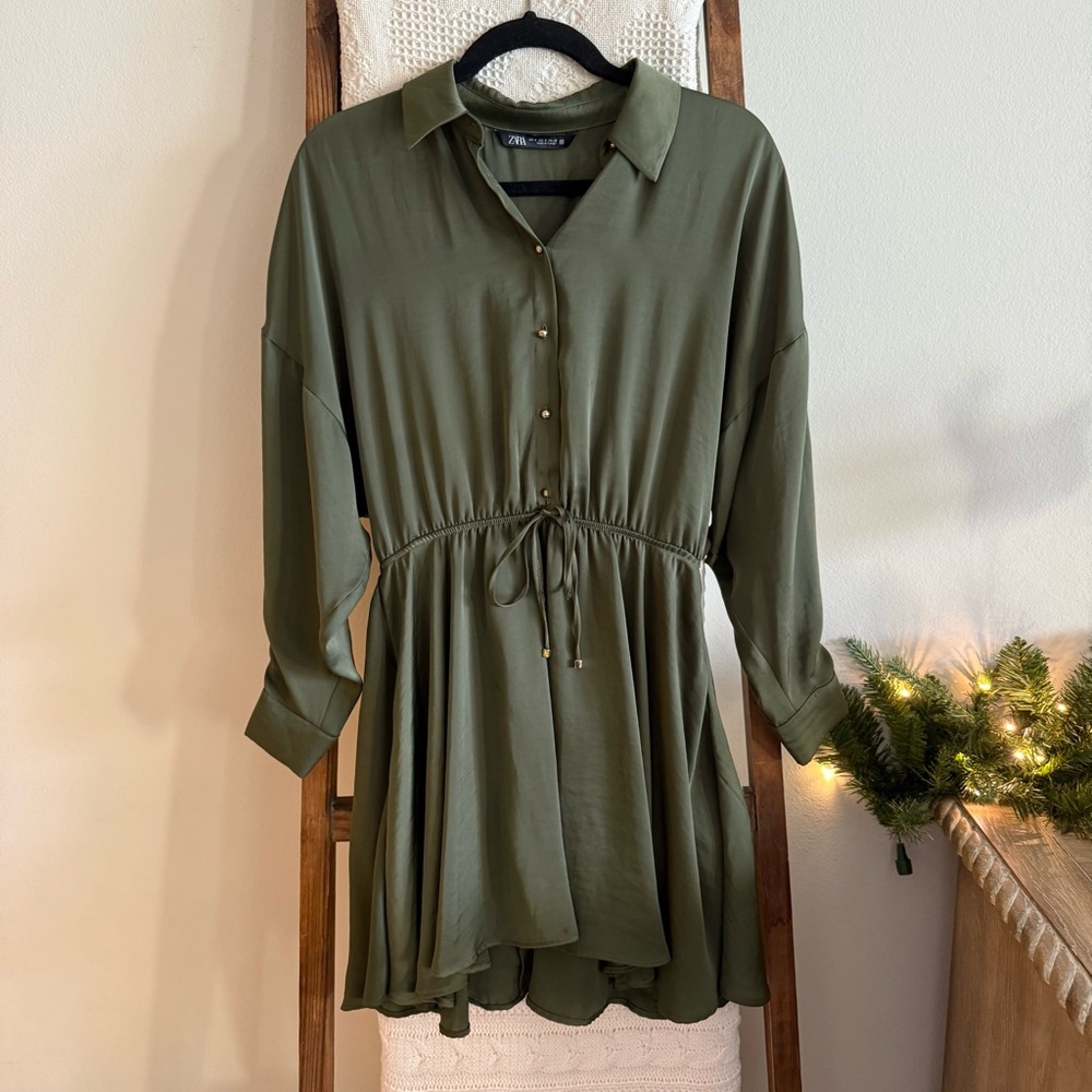Zara Olive Green Satin Waist Tie Long Sleeve Button Down Dress